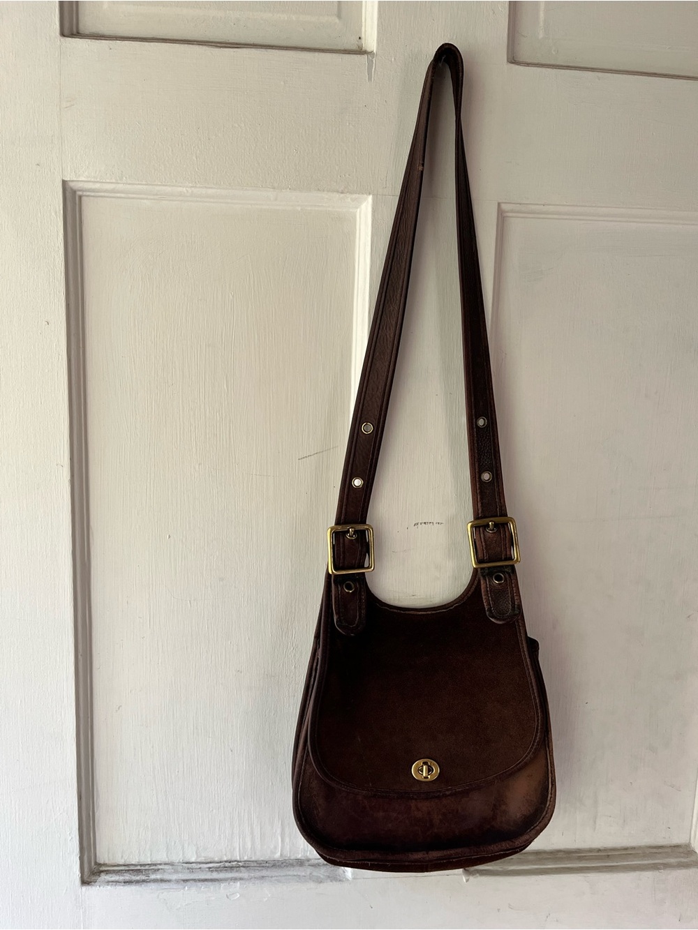 Coach Dark Brown Leather Crossbody Bag with Brass Hardware